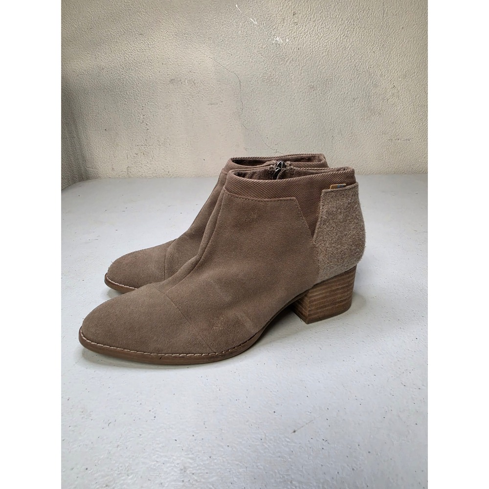 TOMS Deia Taupe Suede Wool Mixed Media Ankle Boots Brown Block Heel Womens 6.5